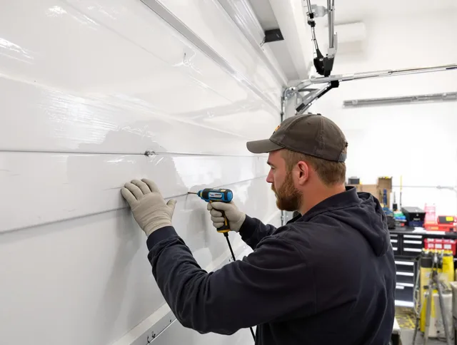 Windsor Garage Door Repair technician demonstrating precision dent removal techniques on a Windsor garage door